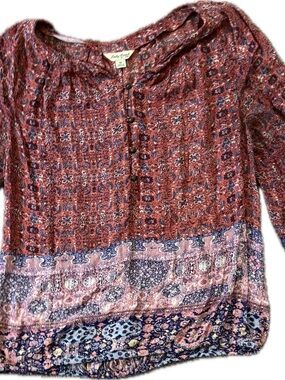 Lucky Brand Rust and Navy Mixed-Print Peasant Blouse